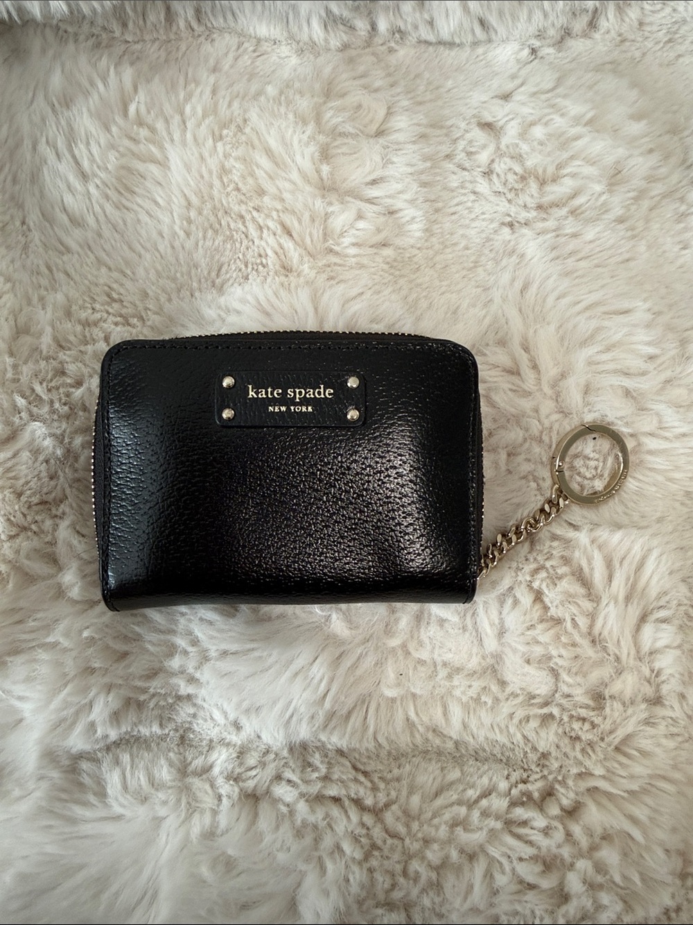 kate spade Black Pebbled Leather Zip Card Holder with Key Ring